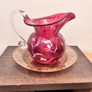 Vintage Cranberry Glass Pitcher with Under-plate Set